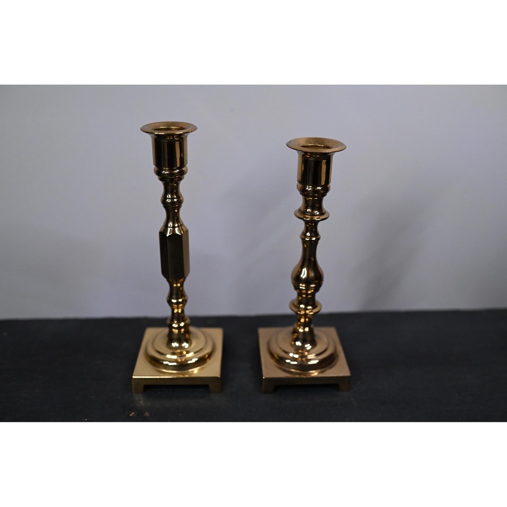 Vintage Square Bottom Brass Candle Stick Holders Set of 2 Gold Taper 7.25 inch
